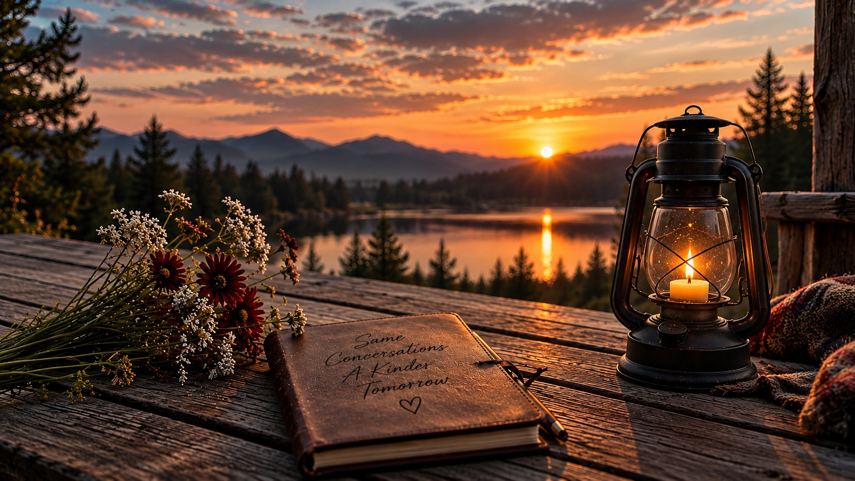 A journal and glowing lantern beside a lake at sunset