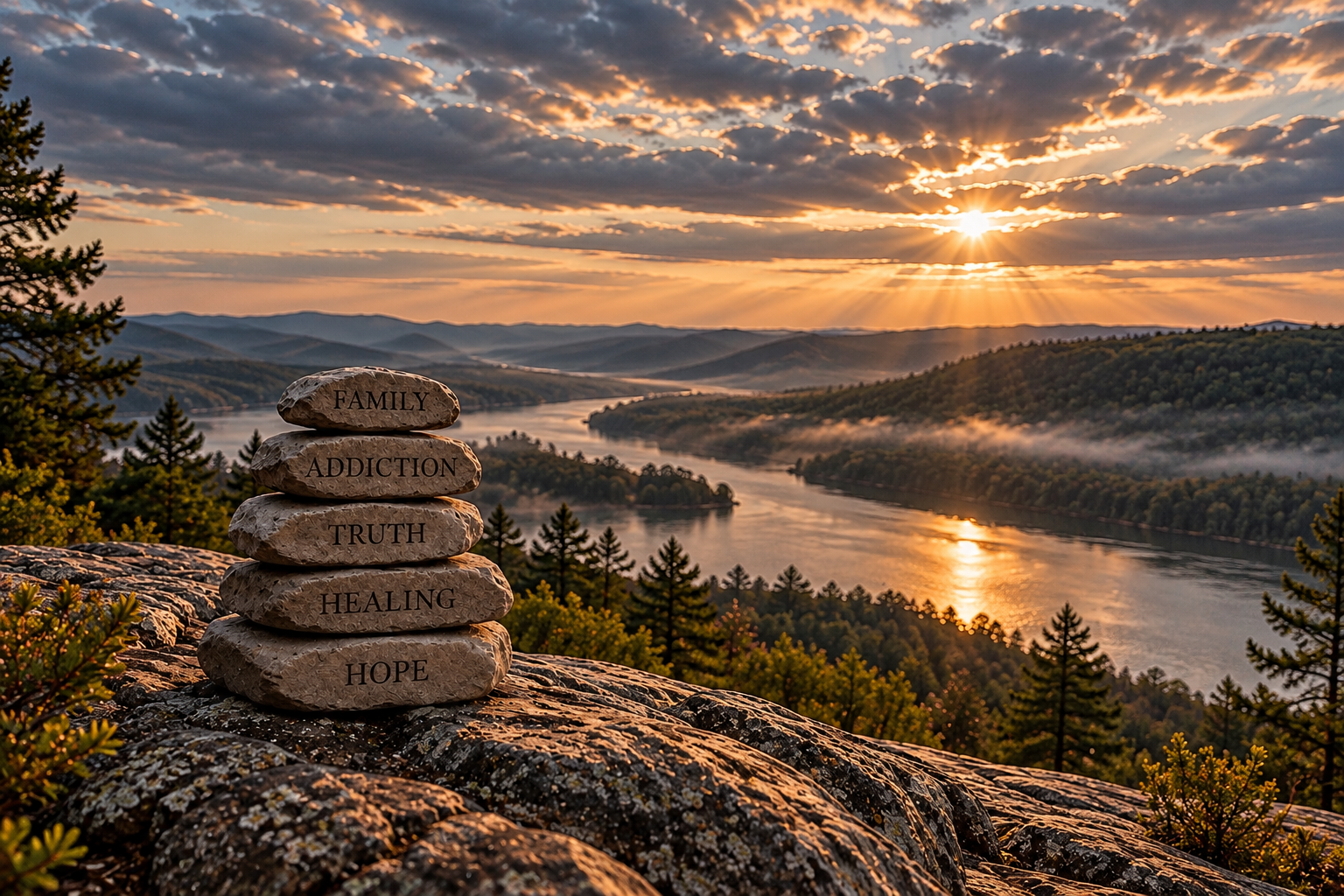 Stones marked Family, Addiction, Truth, Healing and Hope overlooking a sunlit lake